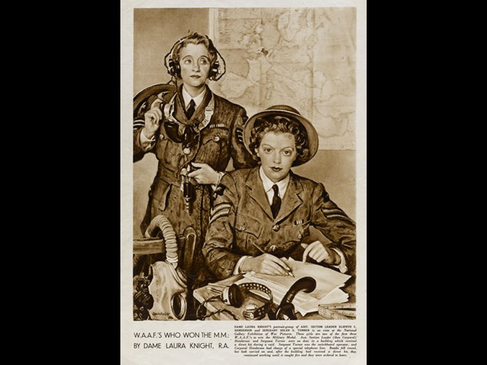 Magazine picture of a painting by Dame Laura Knight depicting Corporal Elspeth Henderson and another WAAF decorated for bravery. Henderson was awarded the Military Medal for her bravery during an air raid at RAF Biggin Hill on 1st September 1940. She carried on with her vital job even after the building she was working on received a direct hit from a bomb. On display in Fortunes of War at National Museum of Flight, East Fortune.