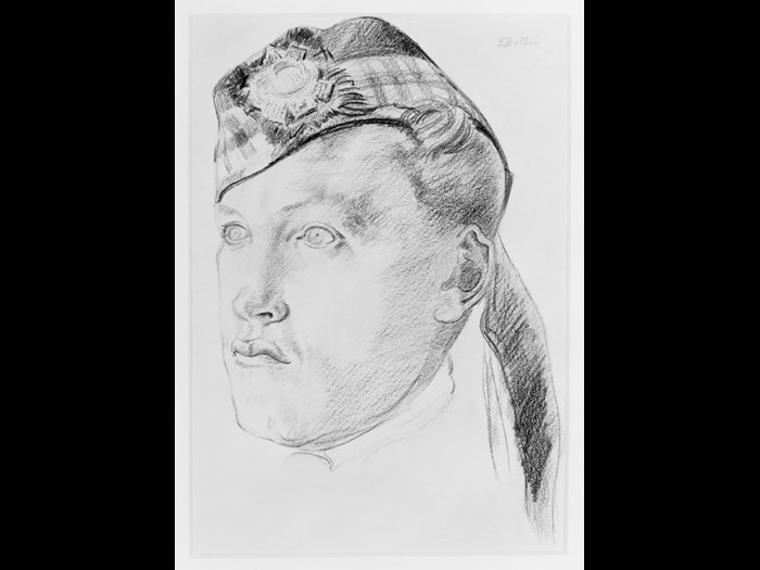  Sir Jacob Epstein served as a Private in the Royal Fusiliers (City of London Regiment) during the First World War. In 1919 Sir Muirhead Bone gave Epstein a personal commission to execute a portrait bust of a Scottish soldier, Sergeant David Ferguson Hunter, of the Highland Light Infantry. This is a preliminary drawing for the sculpture and the only known drawing by Epstein of a Scottish subject.