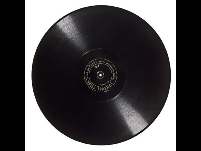 Pathé gramophone record, double-sided hill and dale, a long player, centre start marked 'Lead Kindly Light' on one side and 'Rock of Ages' on the reverse, c. 1905