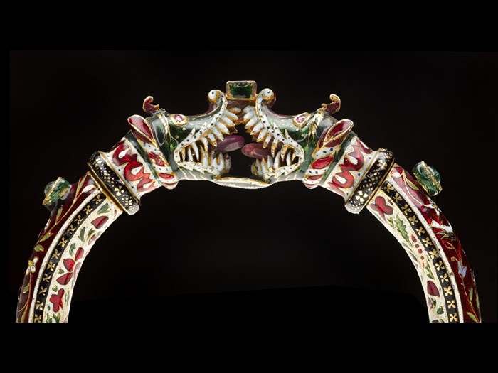 One of a pair of makara-headed bracelets, gold with Jaipur enamel, set with emeralds, diamonds and rubies: Northern India, Rajasthan, late 18th/early 19th century, formerly in the possession of Maharaja Duleep Singh.