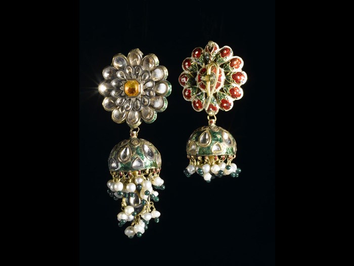Ear ornaments: Gold, rock crystal, enamel, pearls, green glass: Northern India, probably Delhi, formerly in the possession of Maharaja Duleep Singh.