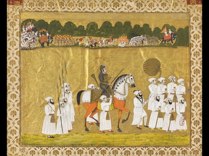 Miniature painting: Nawab Siraj al-Daula on horseback in a private procession with the state retinue depicted in the background, by a Murshidabad artist, circa 1756-57.  Photography by John McKenzie for Lyon & Turnbull Fine Art Valuers.