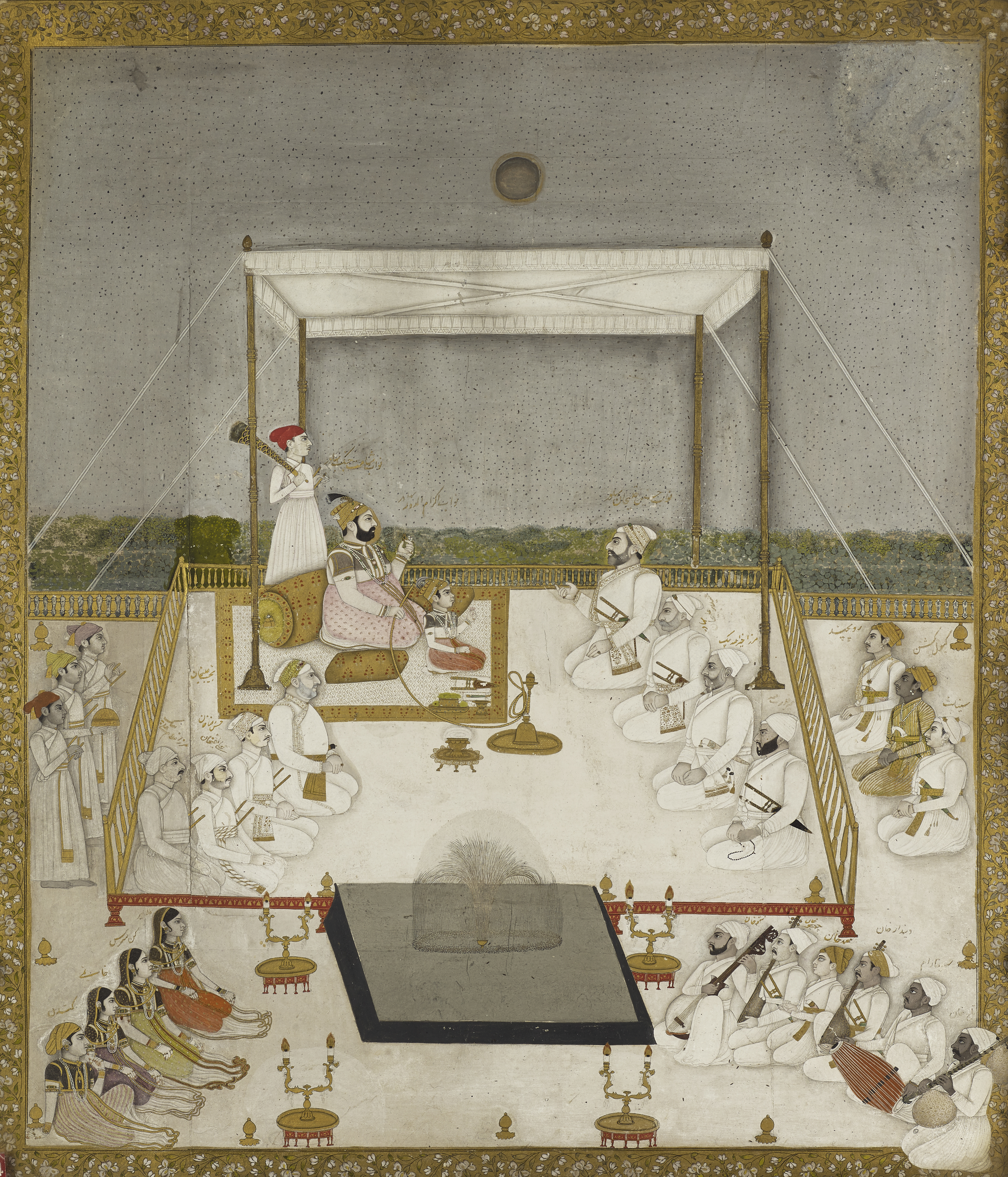 Miniature painting: Shahamat Jang with his nephew and adopted son Ikram al-Daula on a terrace with an official, by a Murshidabad artist, circa 1750-55. Photography by John McKenzie for Lyon & Turnbull Fine Art Valuers.