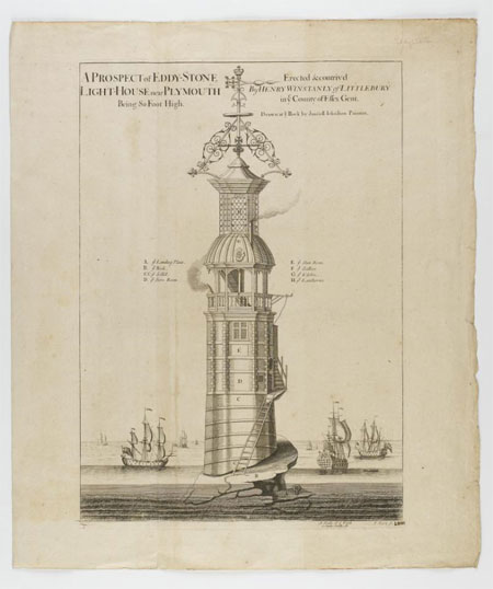Engraving of Henry Winstanley's Eddystone Lighthouse.