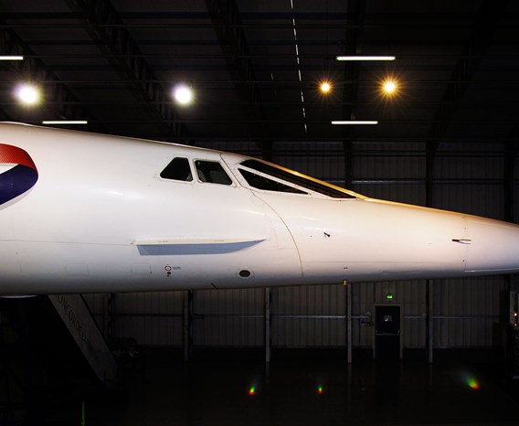 Exterior of the Concorde cockpit facing right.