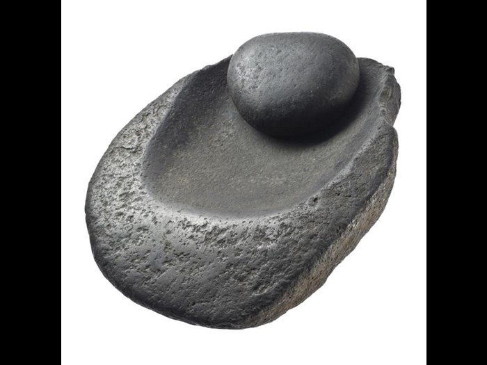 Stone hand mill for grinding corn, obtained by David Livingstone from chief Chibisa: Africa, Malawi, Lower Shire River Valley, 19th century.