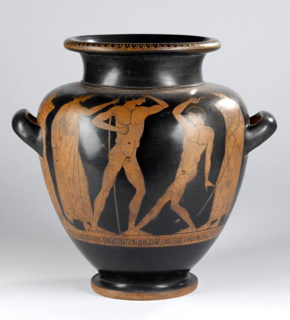 Earthenware stamnos with red figure decoration of wrestlers, boxers, and figures with staffs.