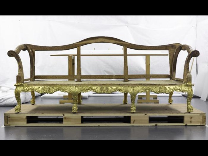 The frame of the Spencer House sofa in the conservation laboratory