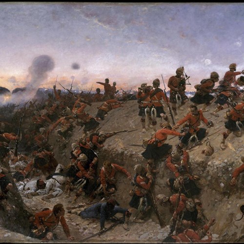 A painting of several men in a battlefield trench in el Kebir, Egypt. 