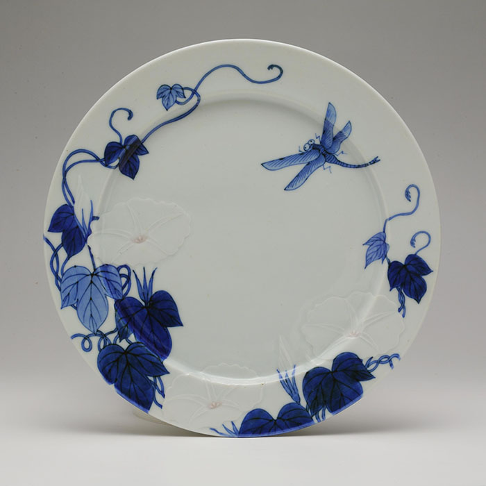Month plate by Seifu Yohei III, with flowers and dragonfly, c1890.