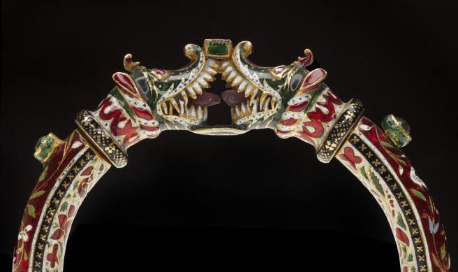 Enamelled gold bracelet set with emeralds and rubies