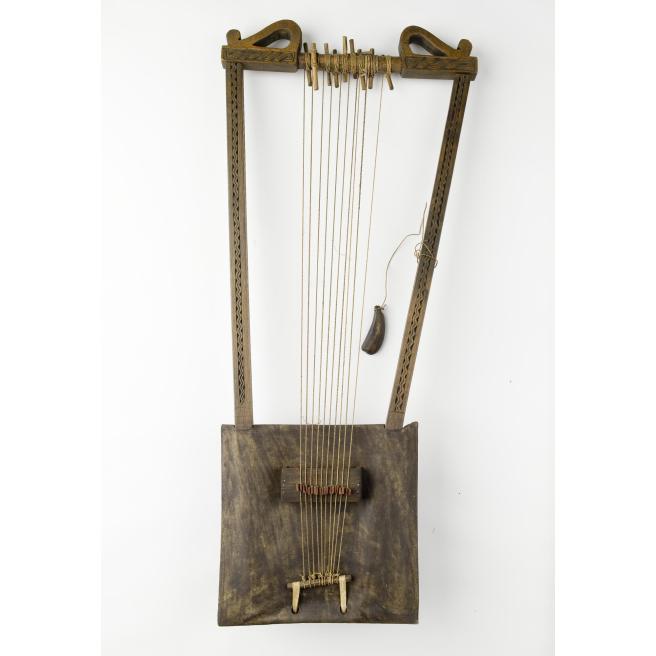 Box lyre or begena of wood and hide, played in the Ethiopian Orthodox Church to accompany psalms and histories. Africa, East Africa, Ethiopia, Addis Alem, c.1900.