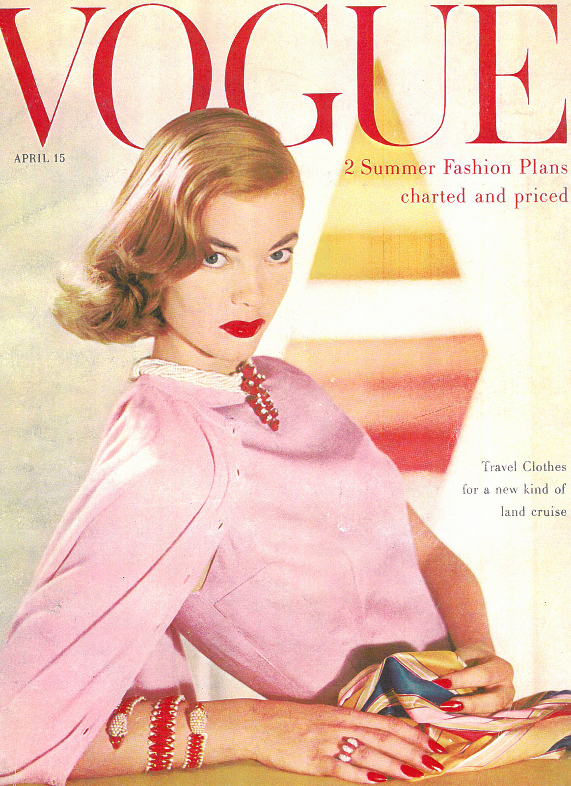 American Vogue cover from April 1955 photographed by Horst with model wearing a Pringle cardigan. 