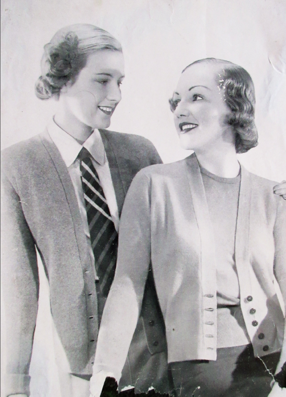 Models wearing a cardigan and twinset from a Pringle catalogue, 1930s.