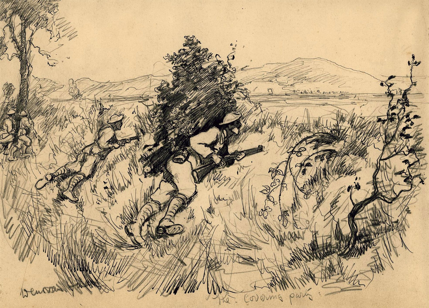 The Covering Party by Lance Corporal Joseph Adam, dated 1918. The Scottish Horse was a part-time yeomanry mounted regiment. During the First World War the regiment served dismounted as an infantry battalion. This is one of a series of drawings depicting the battalion on active service in Salonika, fighting the Bulgarians on the Macedonian Front.