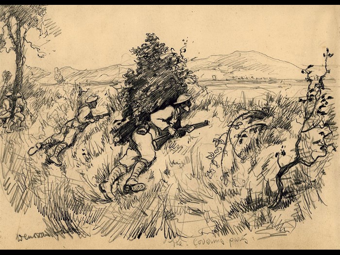 The Covering Party by Lance Corporal Joseph Adam, dated 1918. The Scottish Horse was a part-time yeomanry mounted regiment. During the First World War the regiment served dismounted as an infantry battalion. This is one of a series of drawings depicting the battalion on active service in Salonika, fighting the Bulgarians on the Macedonian Front.
