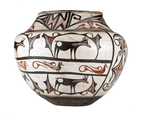 Oblate water vase, or olla, painted in black and red with figures of an elk and roadrunner: Zuni Pueblo, New Mexico, USA, c. 1900.