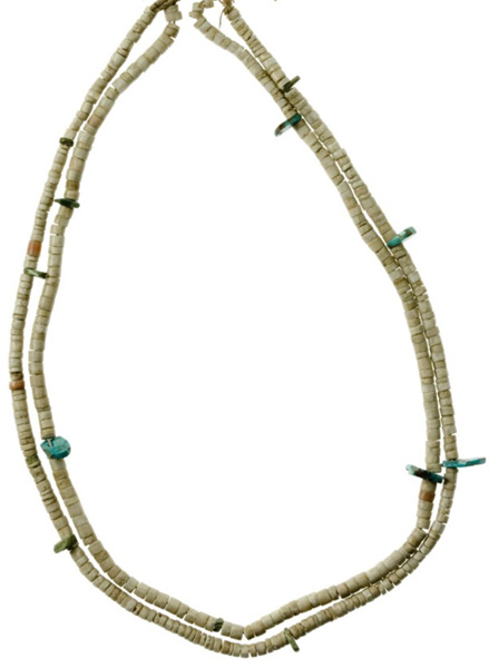 A Pueblo necklace consisting of a double loop of white shell beads, with pieces of turquoise at intervals: Pueblo, New Mexico, USA, c. 1900