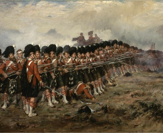 Painting of a dense line of soldiers on a battlefield pointing guns with bayonets at a man on a fallen horse.