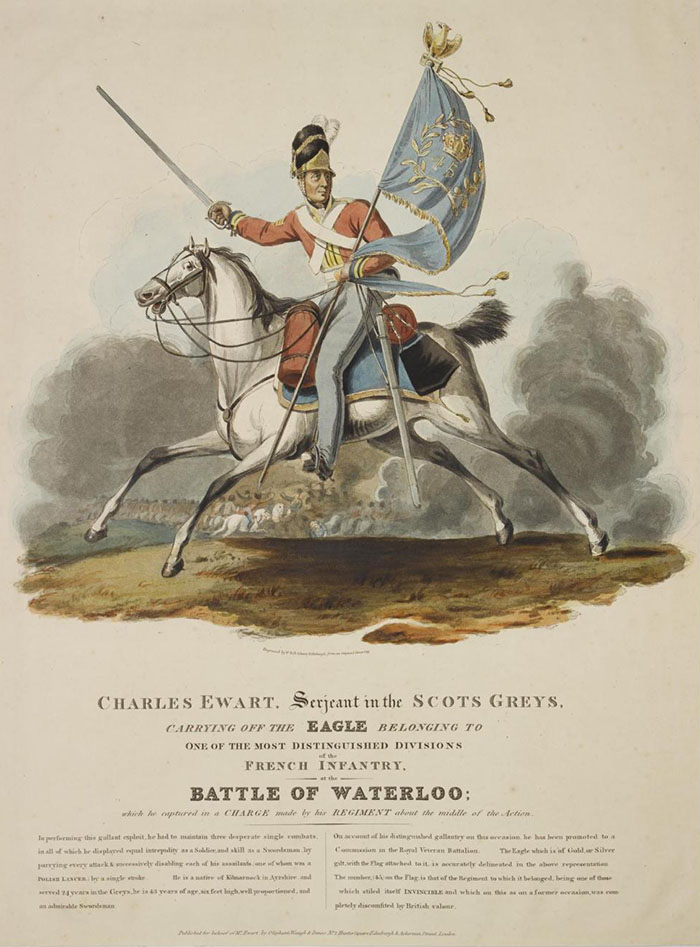 Coloured engraving of Sergeant Charles Ewart carrying off the eagle of the French 45th Infantry at Waterloo.
