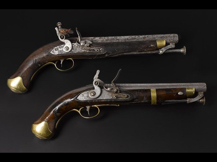 Pair of cavalry pistols, marked to the King’s German Hussars, found on the battlefield at Waterloo.