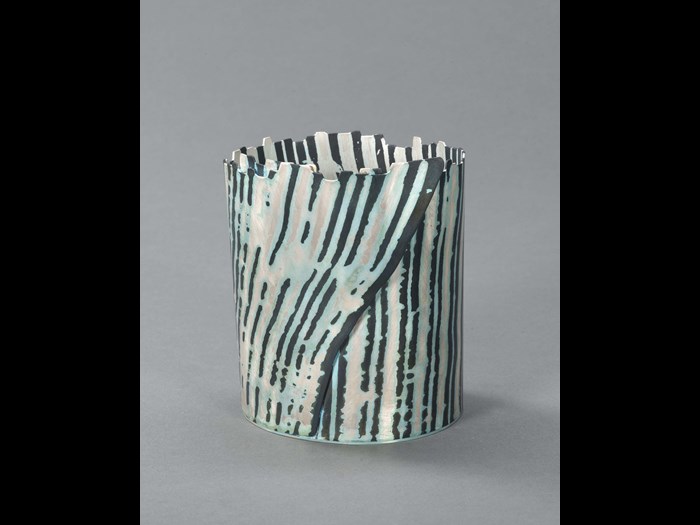 ‘Wrapped Birch’ vessel, 2011, Hazel Thorn. Measurements: Height 10.8cm Width 8.5cm. Image © The Goldsmiths’ Company Courtesy. ‘Collection: The Worshipful Company of Goldsmiths’.'