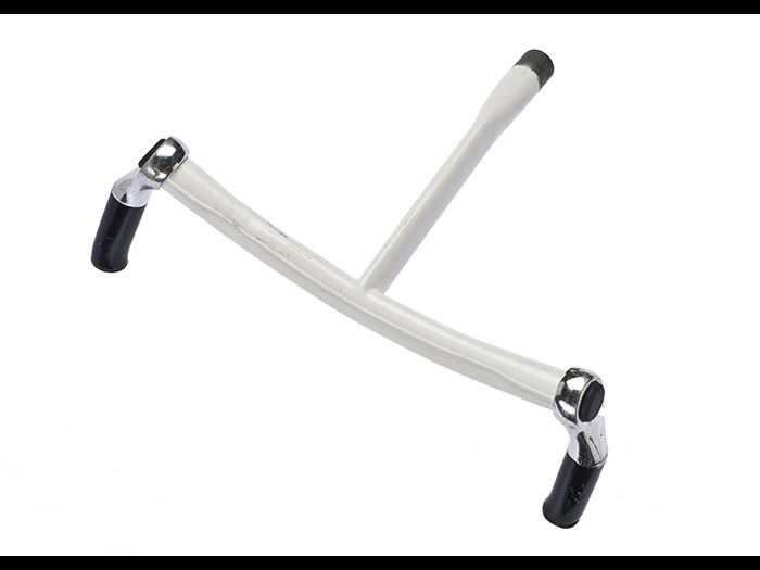 Original Obree crouch handlebars for a bicycle, comprising white painted one-piece bar with stem bar ends, 1993.