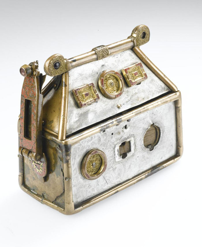Monymusk Reliquary consisting of a rectangular casket and lid in the form of a roof, made from wood, copper alloy, silver, enamel and blue glass, decorated with intertwined animals, and possibly once containing a relic of St Columba, from around the 8th century AD