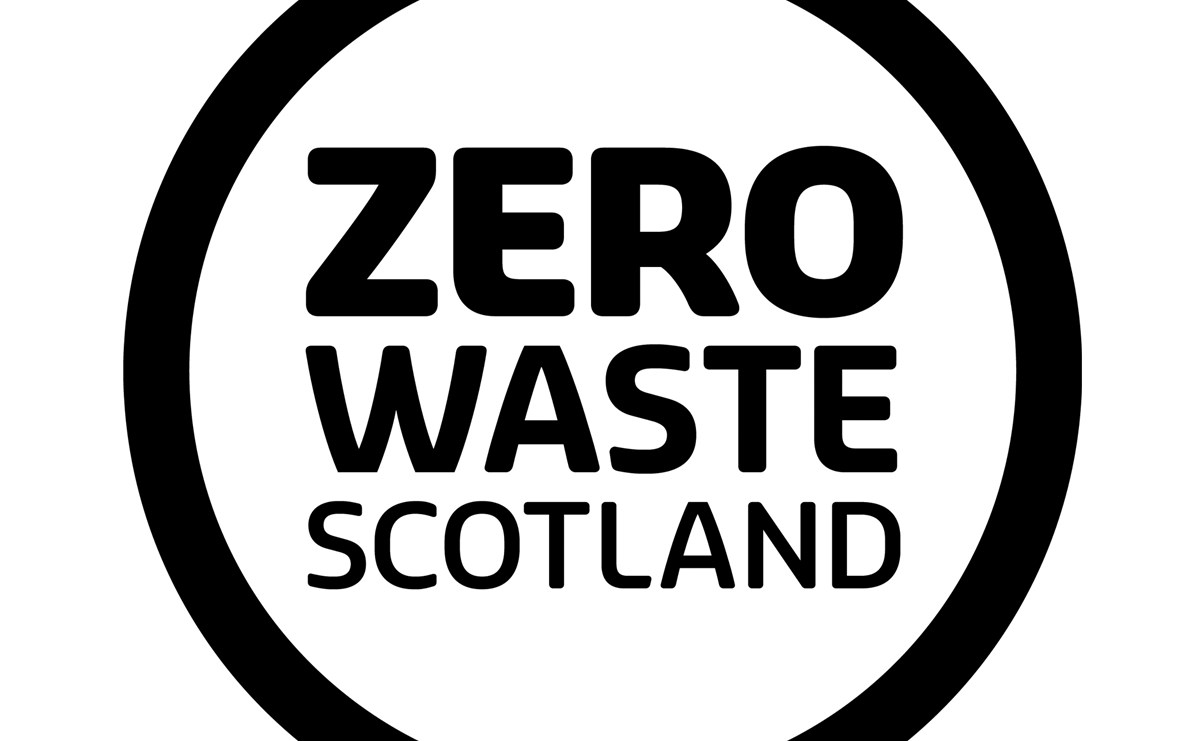 A simple black and white logo. A black circle encloses a white space containing the black words, 'Zero Waste Scotland'.