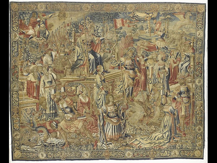 This luxurious 16th-century tapestry belongs to a Flemish set known as The Triumph of the Seven Virtues. You can find it in the Art of Living gallery.