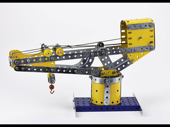 Model of a cantilever crane, made from Meccano, plastic, metal and string by Albert M.J. Hutchings, Dalkeith, 2012.