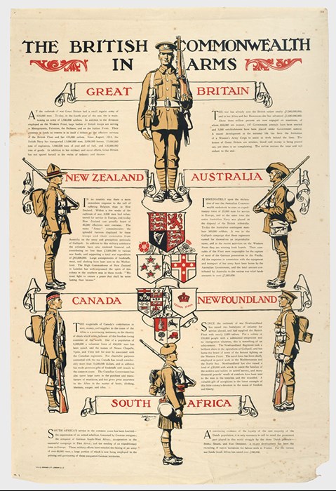 The British Commonwealth in Arms, a poster published in 1918 on which both Canada and South Arica are represented by a kilted ‘Scottish’ solider.