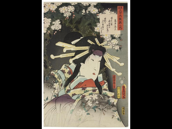 Colour woodblock print, depicting the Kabuki actor Segawa Roko III as the ghost of the courtesan Sumizome-sakura, in the play 'The Snowbound Barrier (Tsumoru koi yuki no seki no to)', from the print series 'Parallels for the 36 Immortal Poets (Mitate sanjurokkasen no uchi)'; by Utagawa Kunisada, 1852.