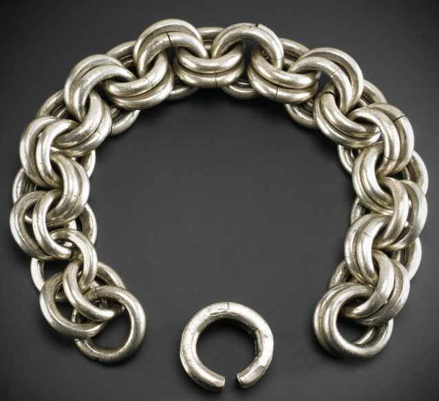 Silver chain, composed of twenty pairs of rings plus a single link to connect to the terminal, from Borland Farm, Walston, Lanarkshire.