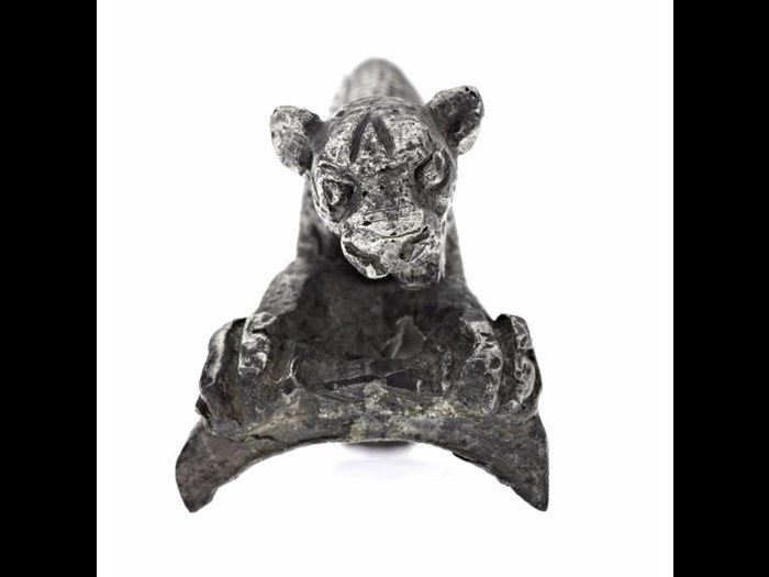Silver handle in the shape of a leopard, from Traprain Law, 410 - 425 AD.