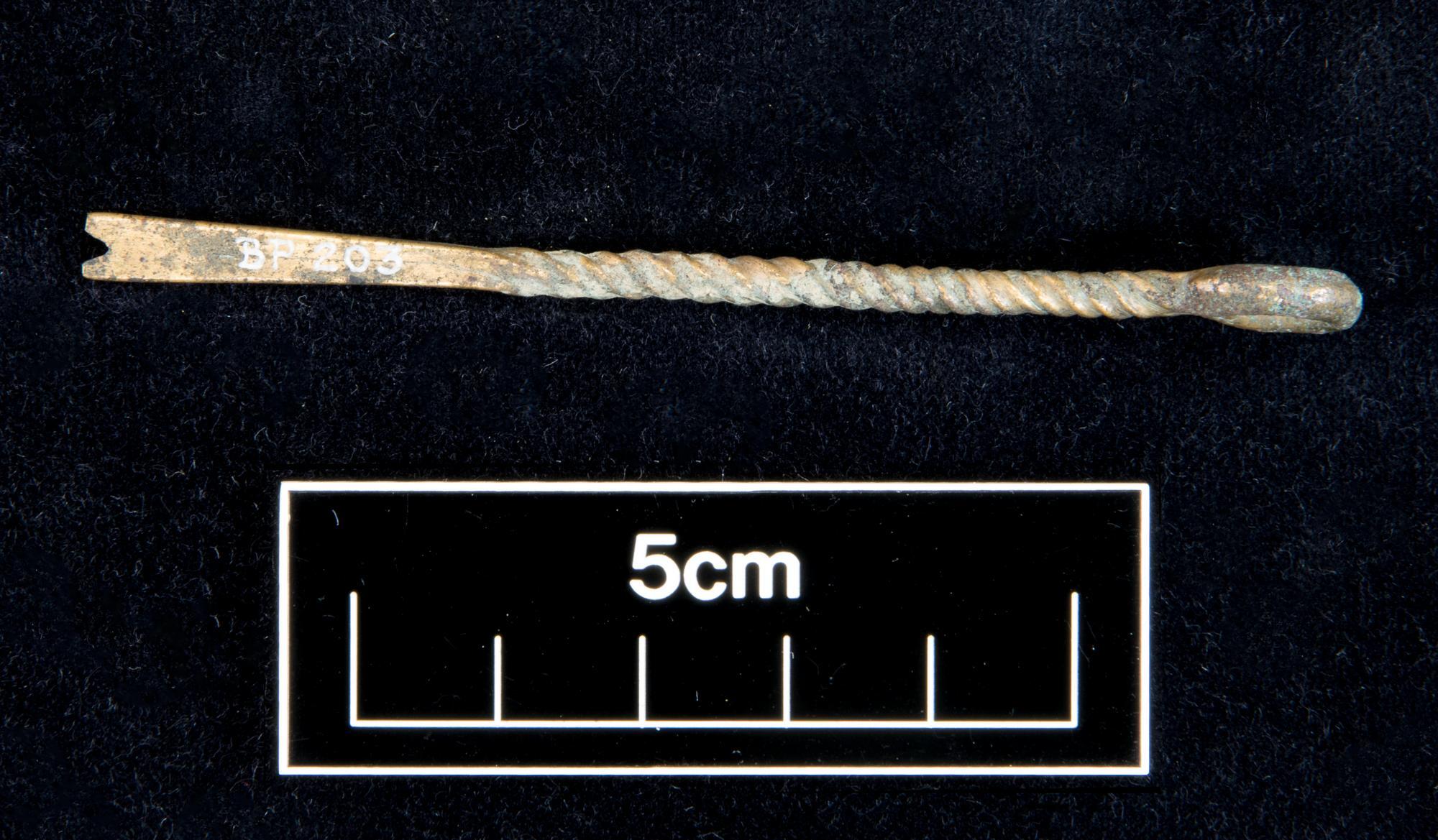 Image of Needle (Nål) of bronze, with twisted shaft, loop at head and forked tip, Bronze Age, from Denmark © National Museums Scotland