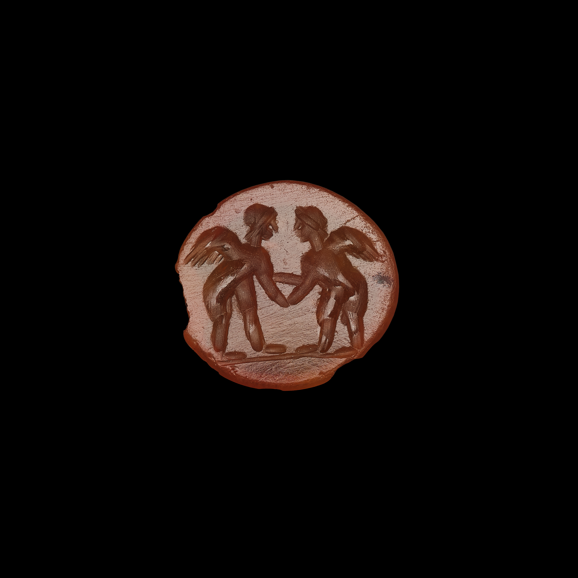 Image of Cornelian intaglio showing two cupids wrestling, cap-with-rim style, 2nd century, part of the Cruickshank collection of finds from Newstead, Roxburghshire © National Museums Scotland