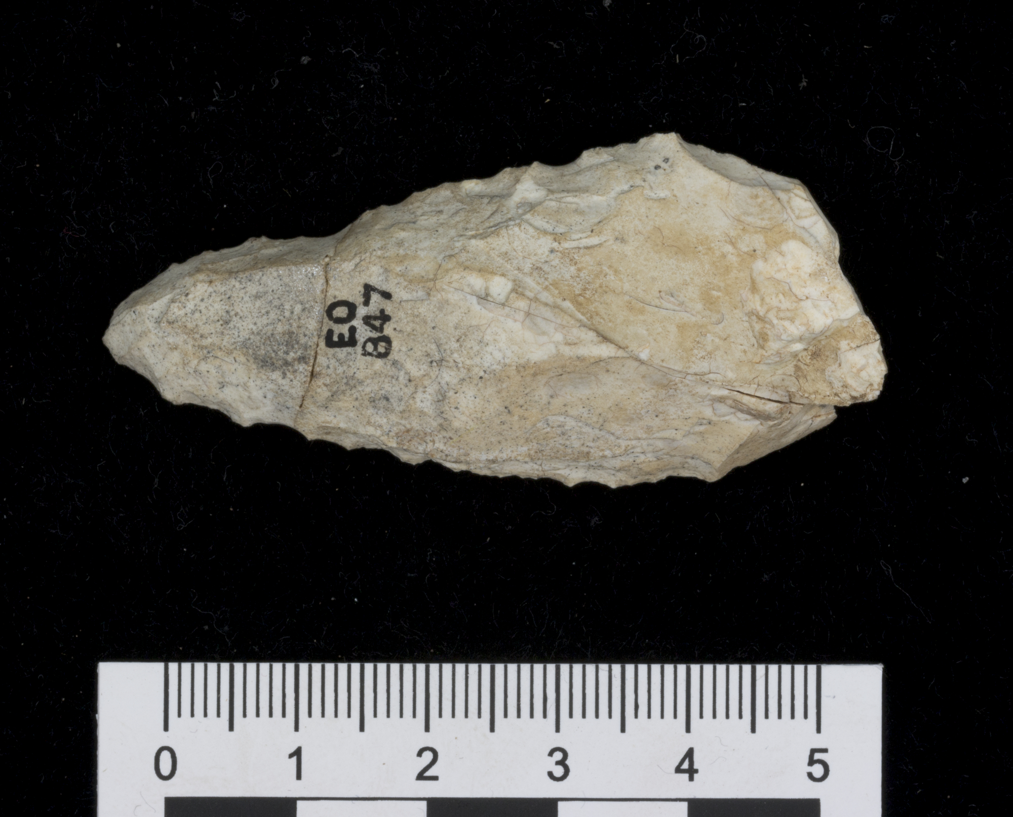 Image of Calcined flake of flint with the point and part of the sides steeply worked, from the White Cairn, Bargrennan, Kirkcudbrightshire © National Museums Scotland