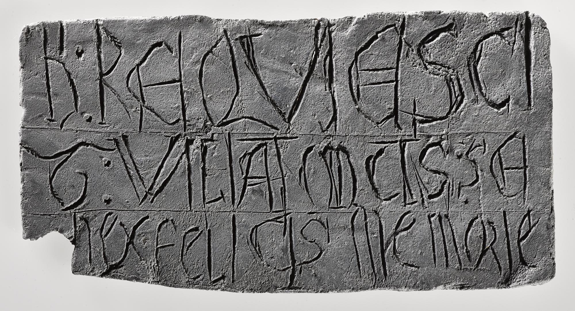 Image of Grave plate of lead, inscribed "HIC : REQVIESCIT : WILIAMUS : SENEX FELICIS MEMORIE / PRIMVS EPISCOPUS",  found in St Magnus Cathedral, Kirkwall, during the repairs of 1848, identifying the grave of William, first Bishop of Orkney (c. 1102 - 1168), possibly c. 1250 AD © National Museums Scotland